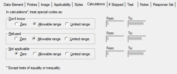 Calculations tab: Special Code Values