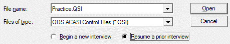 ACASI Open dialog box with Resume a prior interview radio button selected