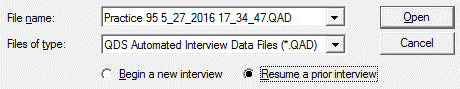 ACASI Open dialog box with Resume a prior interview radio button selected for renamed data file