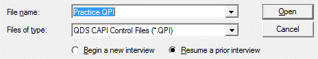 CAPI open dialog box with Resume a prior interview radio button selected