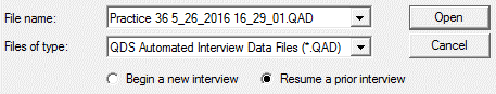 CAPI open dialog box with Resume a prior interview radio button selected for renamed data file