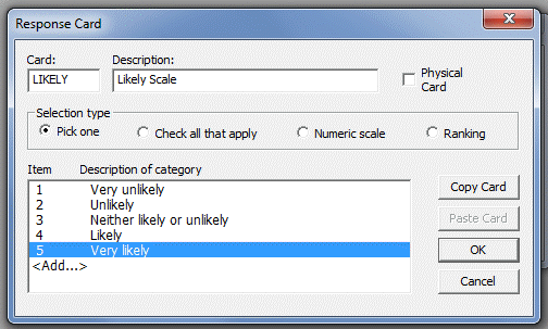 Add Response Card Pick One options box