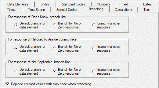 Data Defaults Branching Tab