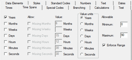 Data Defaults Time Spans Tab