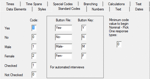 Data Defaults Standard Tab