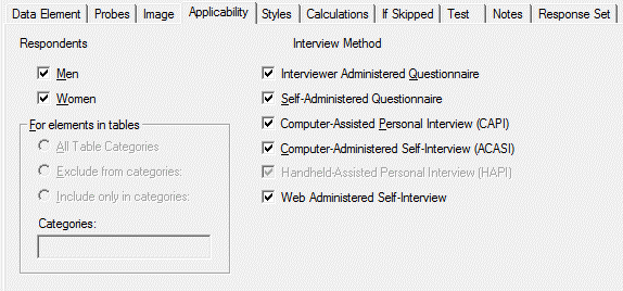 Data Element Applicability tab 