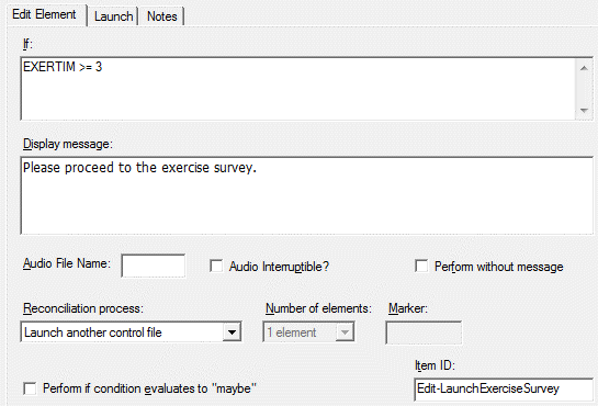 Edit Element tab with Launch Another Control File option