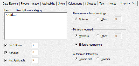 Response Set Tab: Ranking type