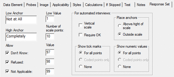 Response Set Tab: Numeric Rating Scale type