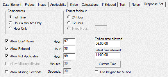 Response Set Tab: Time of Day type