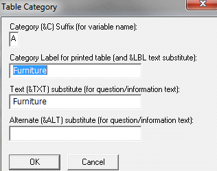 Table Category options box