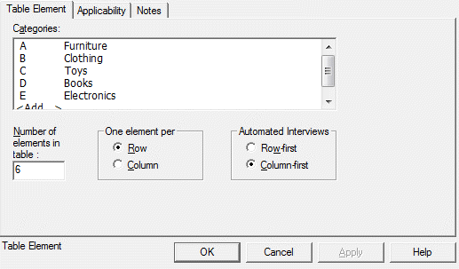 Table Element tab