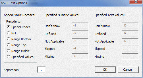 ASCII Text Options box with Special Value Recodes, Specified Numeric Values and Specified Text Values
