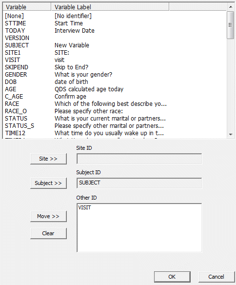 Identifier Variables option box listing all variables and labels