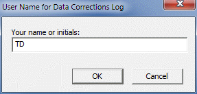 User name for Data Corrections Log box
