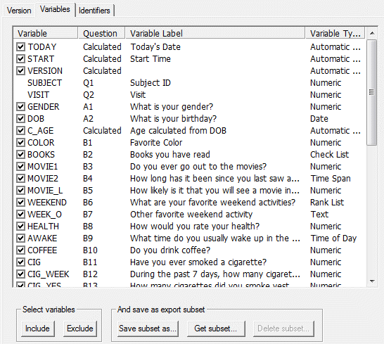 Warehouse: Variables Tab with Select Variables and save as export subset options