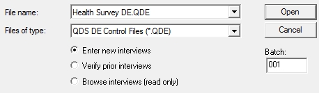 Open Data Entry Application option box, Enter new interviews selected