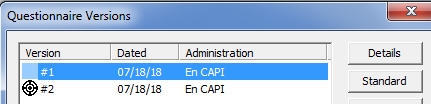 Questionnaire Versions box with 2 versions 