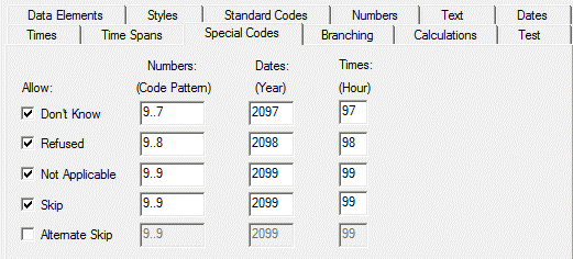 Data Defaults Special Code Tab