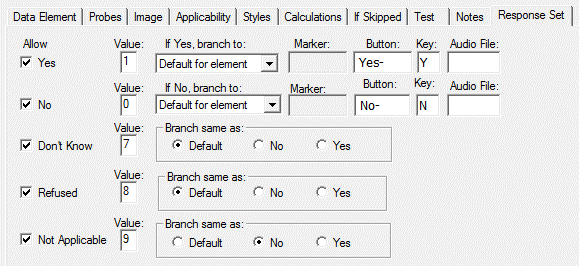 Response Set tab: Yes No type